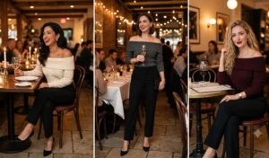 Three elegant women wearing romantic off-the-shoulder knit sweaters with straight-leg black trousers and a bold red lip.