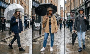 Three women wearing streetwear-inspired rainy day outfits with waterproof nylon bucket hats, oversized shackets, and straight-leg jeans.