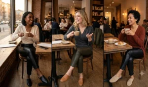Three women modeling soft cashmere wrap sweaters and sleek faux leather pants for a chic late afternoon coffee date.
