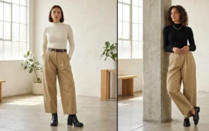 Two women wearing voluminous wide-leg khaki chinos perfectly balanced with fitted ribbed mock neck sweaters and chunky footwear.