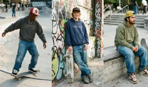 Three people showcasing 90s skate culture streetwear with boxy faded hoodies, vintage baggy denim jeans, chunky skate shoes, and snapback hats.