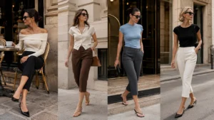 Four elegant Y2K outfit ideas with tailored capri pants, fitted tops and strappy kitten heels