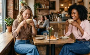 Two women at a daytime coffee date wearing flattering wrap blouses, wide-leg denim jeans, and delicate leather belts.