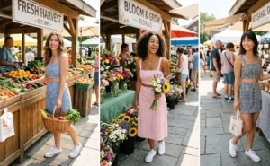 A three-panel collage of women wearing sweet gingham two-piece crop top and skirt sets in blue, pink, and black-and-white at a sunny farmer's market.