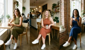 "Three women at a sunny cafe wearing different colored ribbed knit midi dresses with clean white sneakers for a casual coffee date."
