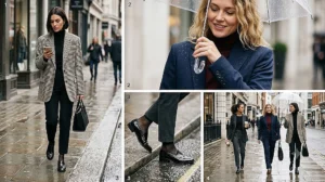 Three women heading to the office in the rain wearing tailored water-repellent blazers, high-waisted cigarette pants, and glossy patent leather loafers.
