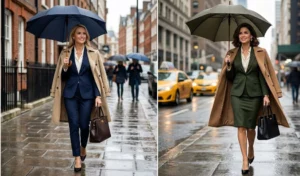 Two women carrying umbrellas and wearing professional tailored power suits with classic trench coats elegantly draped over their shoulders.