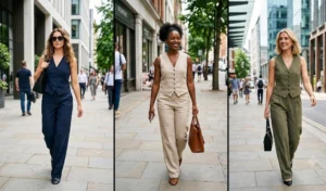 A three-panel split collage featuring fashion-forward women walking on a city sidewalk wearing tailored waistcoats buttoned as sleeveless tops with matching wide-leg trousers.