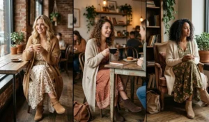 Collage of three women wearing boho flowy maxi dresses, slouchy cardigans, and ankle boots on a relaxed weekend cafe date.