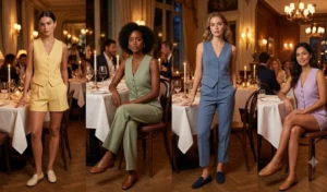 A four-panel fashion collage showing women in tailored vest and shorts co-ord sets in pastel yellow, sage green, blue, and lavender at an elegant evening dinner setting.