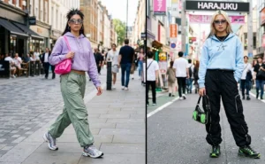 Two people showcasing Y2K streetwear with cropped relaxed hoodies, lightweight nylon parachute pants with cinched ankles, and futuristic running sneakers.