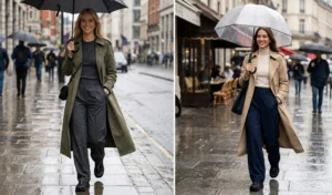 Two women showcasing modern streetwear, wearing relaxed wide-leg trousers and waterproof sneakers styled with long, sweeping trench coats.