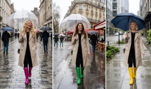 Three women wearing neutral trench coats and all-black base outfits, highlighted by brightly colored chunky designer rain boots in green, magenta, and yellow.