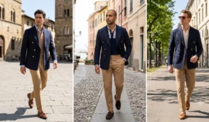 Three men walking outdoors wearing classic tan chinos paired with sharp double-breasted blazers and sockless tassel loafers.