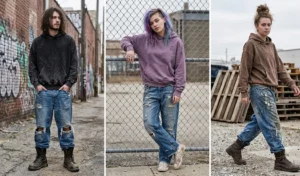 Three people showcasing a raw distressed grunge aesthetic with faded drop-shoulder hoodies, baggy ripped blue jeans, and heavy combat boots.