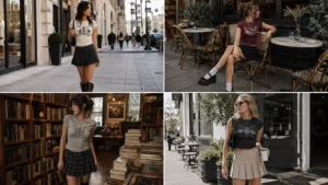 Four Y2K outfit ideas with graphic baby tees, pleated mini skirts, boots and baguette bags