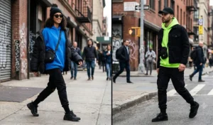 Two people wearing high-contrast streetwear with brightly saturated neon blue and green relaxed hoodies paired with entirely black pants, jackets, and accessories.