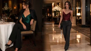 Two elegant Y2K evening outfits with silk cowl-neck camisoles, bootcut trousers and pointed heels