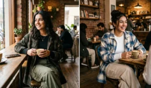 Split image of two women in relaxed streetwear wearing cargo pants, fitted ribbed tops, and flannel shackets while holding coffee cups.