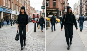 Two women walking in the city wearing all-black monochromatic outfits featuring black pants, relaxed sweaters, and knit beanies.