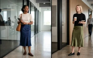 A side-by-side photograph of two women standing in a modern office corridor wearing midi-length silk slip skirts and fine-knit short-sleeve sweaters with classic leather loafers.