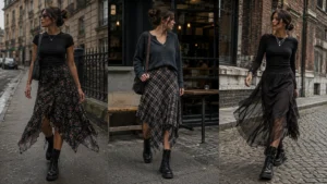 Three alternative Y2K outfits featuring asymmetrical skirts, fitted tops and chunky combat boots