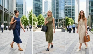 A split-screen photo collage showing three women walking in a sunny city area, each wearing a different professional sleeveless linen-blend midi dress in navy blue, olive green, and beige, paired with tote bags and closed-toe mules.