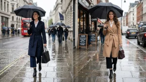 Two professional women commuting in the rain wearing elegant belted waterproof wrap coats, cropped wide-leg trousers, and pointed-toe ankle booties.