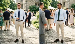 Two professional men wearing stone-colored chinos and light blue dress shirts styled with textured knitted ties and suede chukka boots.
