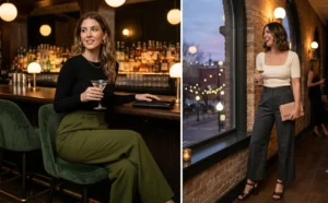 "Two women at a chic cocktail bar wearing high-waisted wide-leg trousers, sleek fitted bodysuits, and block heels."