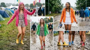 Three women caught in a summer downpour wearing sheer, lightweight packable rain jackets over summer rompers with colorful ankle wellies.