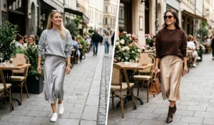 A split-screen image of women wearing cozy grey and brown sweatshirts paired elegantly with silver and champagne satin midi slip skirts for a weekend brunch look.