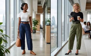 A side-by-side photo of two women in an office hallway wearing voluminous cotton paperbag waist pants in different colors, paired with neatly fitted short-sleeve bodysuits.