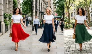 A three-image split collage outdoors featuring women wearing flowing pleated georgette midi skirts paired with perfectly fitted white t-shirts and leather waist belts.