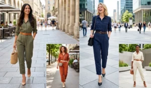 A four-image grid displaying effortlessly chic lightweight Tencel jumpsuits on diverse women, featuring collared tops, tailored waists with contrasting belts, and styled with heels.