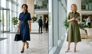 A side-by-side photograph of two professional women in a brightly lit office lobby, both wearing structured cotton poplin shirt dresses cinched with slim leather belts and wearing high heels.