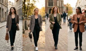 Four women styling black pants and black camisoles with oversized structured plaid blazers for a modern professional look.