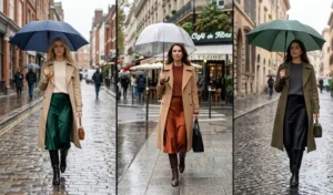 Split-screen of three women wearing feminine midi slip skirts and knee-high leather boots paired with structured trench coats in the rain.