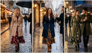 Collage of three women walking on a rainy evening wearing dark floral maxi dresses peeking out from underneath belted trench coats.