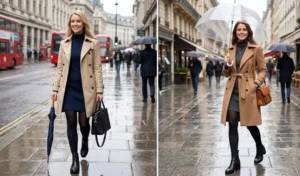 Two women wearing ribbed turtleneck sweater dresses, thick black tights, and waterproof boots, layered under chic trench coats for a rainy commute.