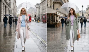 Two women wearing light pastel trench coats over soft-colored baby blue and lilac knitwear paired with white tailored trousers.