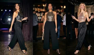 Three women ready for an evening out, wearing wide-leg black trousers paired with shimmering sequin tops and strappy stiletto heels.