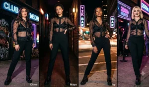 Four women modeling trendy nightlife outfits with sheer organza blouses over black bralettes, tailored black pants, and chunky platform boots.