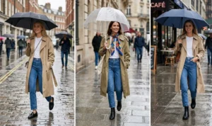 Collage of three women wearing classic trench coats over crisp white t-shirts and straight-leg jeans with water-resistant footwear on a rainy day.