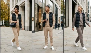 Three people wearing minimalist winter streetwear featuring matte-black puffer vests layered over sand, beige, and grey relaxed hoodies with tailored sweatpants.