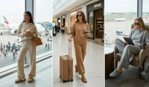 Three people showcasing the luxurious airport off-duty look with premium heavy-knit relaxed hoodies and matching wide-leg flowing knit trousers in oatmeal, camel, and grey.