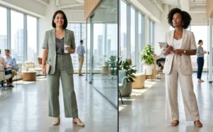 A side-by-side photo of two powerful professional women in a bright corporate office setting wearing modern short-sleeve matching linen suits in sage green and beige, with camisoles underneath.