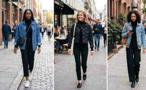 A grid of three women wearing black trousers, black turtlenecks, and layered denim jackets for daytime casual wear.