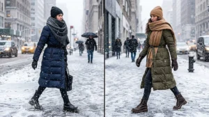 Two women braving a winter storm in water-repellent longline puffer coats, oversized wool scarves, and heavy-duty lug-sole winter boots.