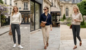 An old money athleisure collage featuring women wearing high-quality quarter-zip pullovers with tailored slim joggers, lightweight chinos, and leather loafers.